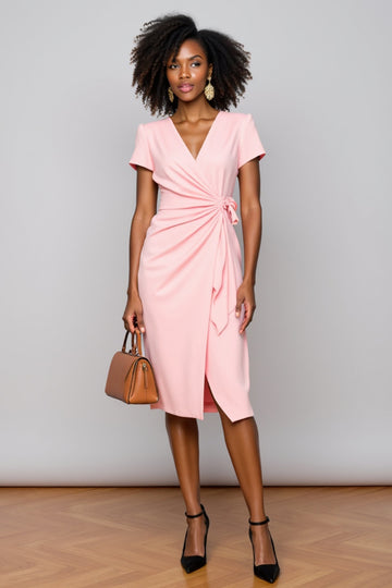 Ruched Pink V-Neck Sheath Work Dress